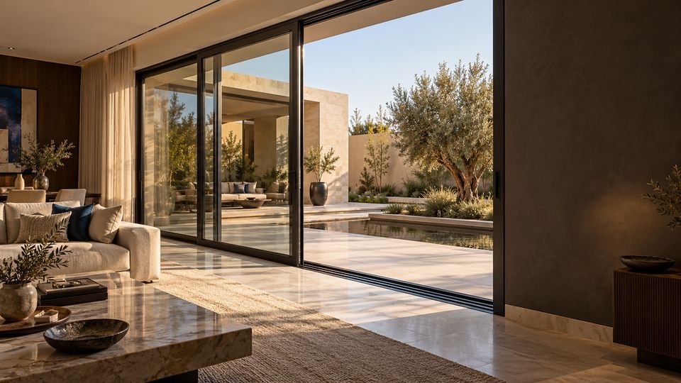 أبواب ألومنيوم سحاب كبيرة تطل على فناء