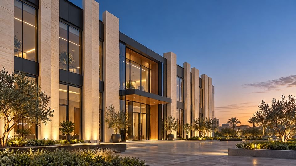Building with aluminium-framed glazing between stone fins