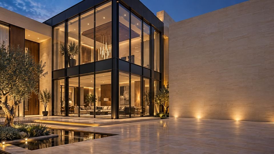 Modern villa with a dark aluminium-framed glass facade at dusk